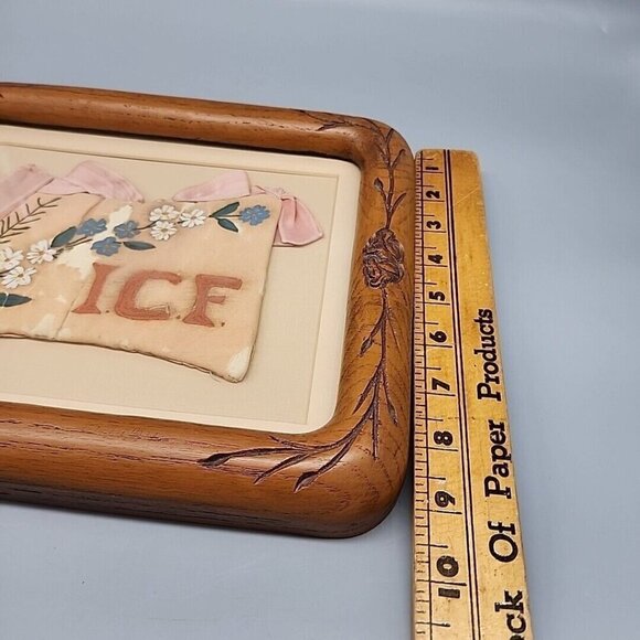 Vintage Antique Wall Hanging Wooden Framed 8x10" Hand Painted Pink Silk Bag - Picture 8 of 10